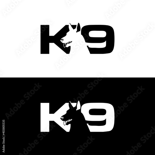 K-9 letter with negative space, k-9 dog training vector logo design