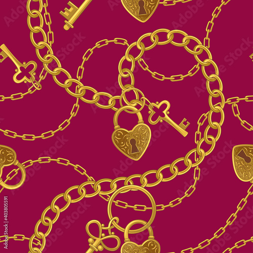 .Gold chains, keys and locks of love. Vector seamless pattern. Vintage wedding texture.
