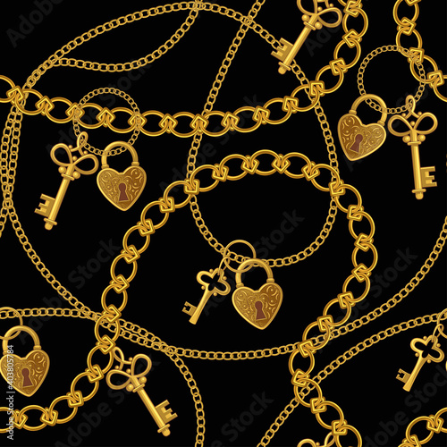 .Gold chains, keys and locks of love. Vector seamless pattern. Vintage wedding texture.