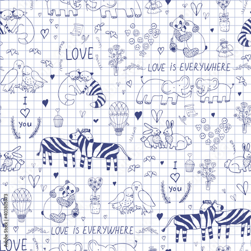 Valentine's day animals couples hand drawn seamless vector pattern