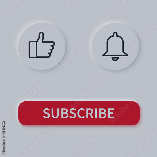 Subscribe buttons. Red with white buttons subscribe. Bell and like button. Vector illustration