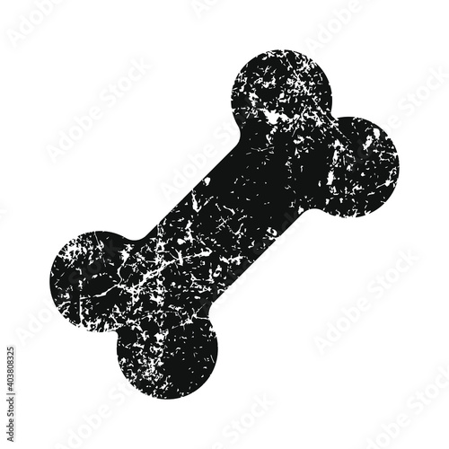Dog bone vector icon with grunge texture. Pet toy and food symbol. Animal cartoon logo sign. Clip-art silhouette.