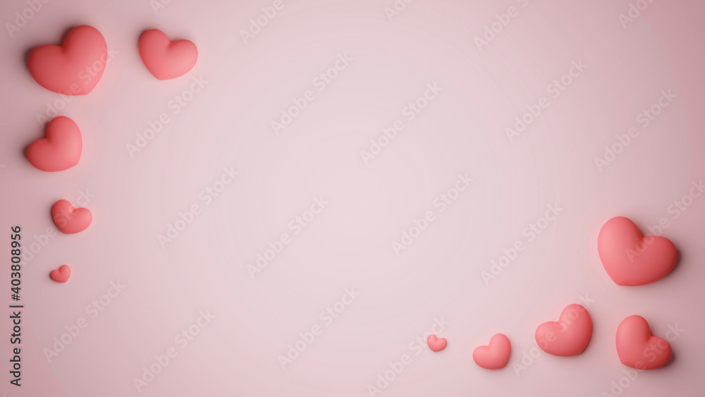 Love romantic background on valentine day. Romance decoration top view with hearts on pink.