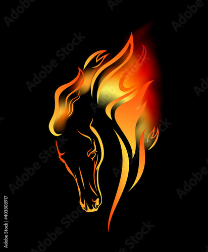 Платно wild mustang horse and burning flames - stallion head with fiery mane vector des
