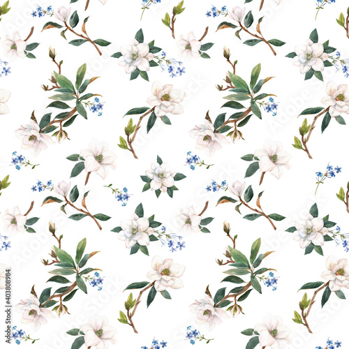 Beautiful seamless pattern with hand drawn watercolor white magnolia flowers. Stock illustration. © zenina
