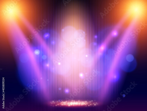 Background with blue curtain and blue and yellow spotlights. Design for presentation, concert, show