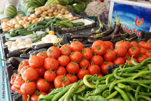 Variety of Vegetable at farmer market counter  colorful various fresh organic healthy vegetables at grocery store. Healthy natural food concept