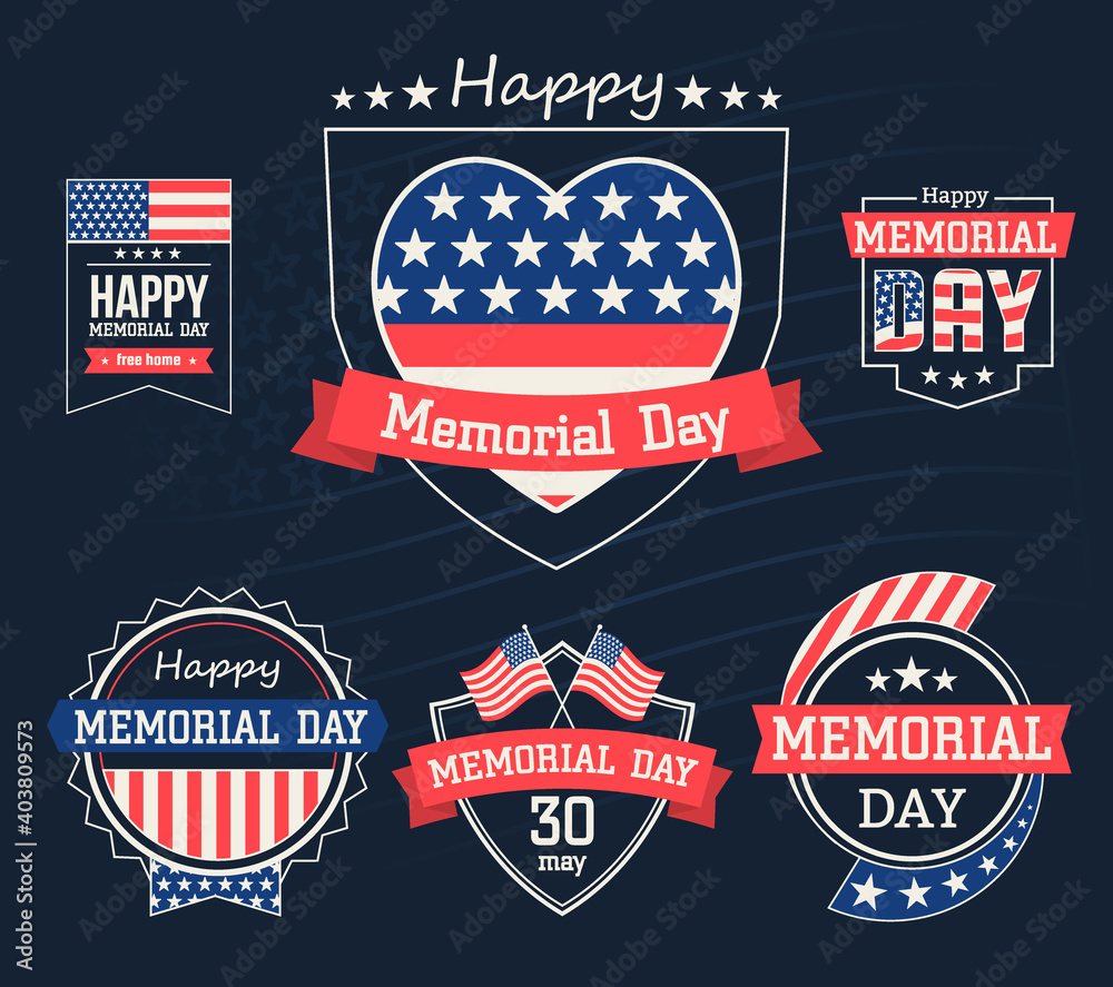 Happy Memorial Day label. Set icons for Memorial Day. Vector illustration the memory sticker day. Memorial day badges. Happy Memorial Day illustrations template