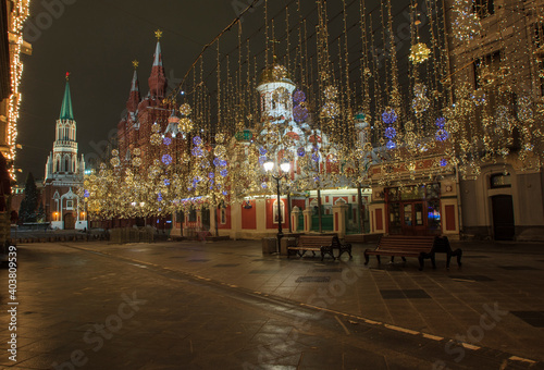 Festive illumination on Nikolskaya Street. Moscow