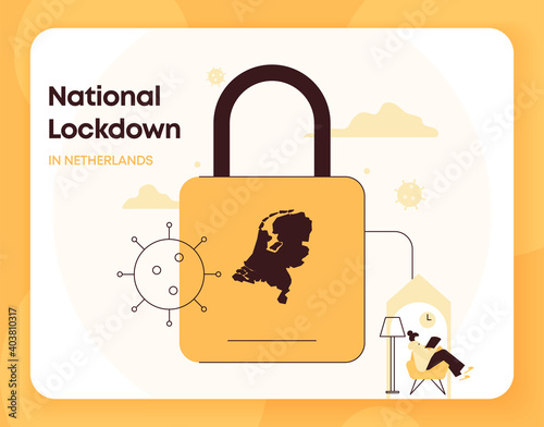 Concept of Netherlands National Lockdown. Netherlands border closure from Coronavirus or Covid-19. Stay at home, Quarantine, Isolation, Prevent Spread alert.
