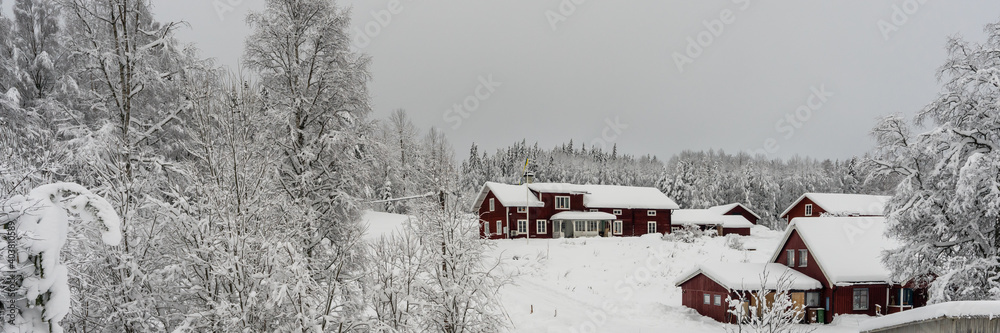 Traditional typical Scandinavian Swedish red cottages or villas in the countryside in winter. Old wooden houses under snow. Winter Christmas landscape of Northern Europe.