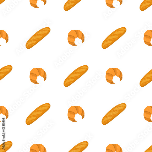Cartoon croissant and baguette seamless pattern, french food ornament for print design. Isolated vector illustration.