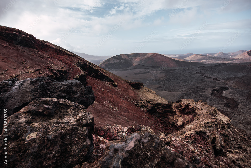 Overview of the volcanic area of ​​the Timanfaya Natural Park, in Lanzarote
