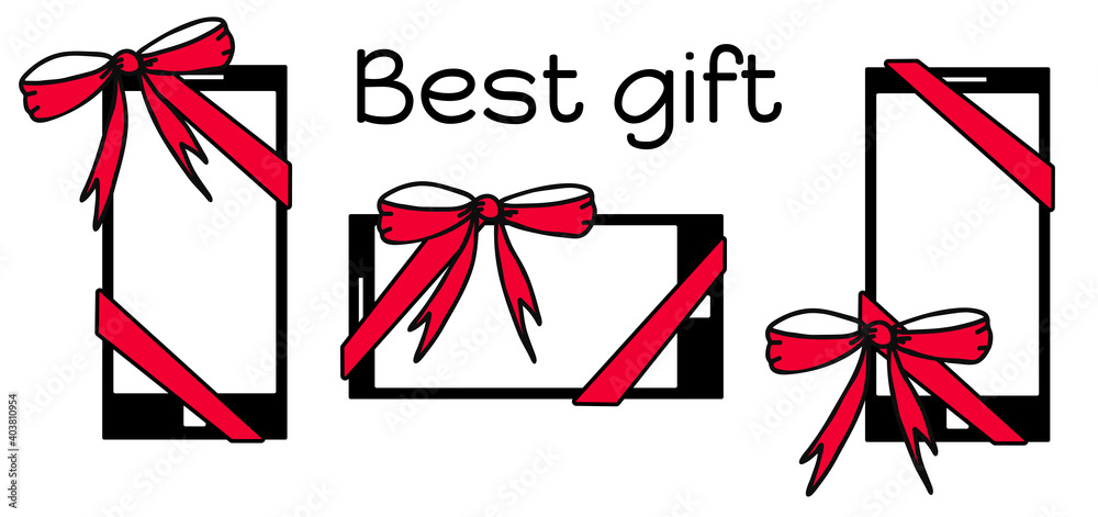 Mobile phone with red bow, Valentine's Day gift, Holiday, illustration, vector Mobile phone with red bow, Valentine's Day gift, Holiday, illustration, vector