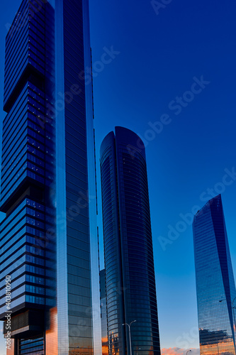 Madrid skyscraper at sunset with blue sky in winter season