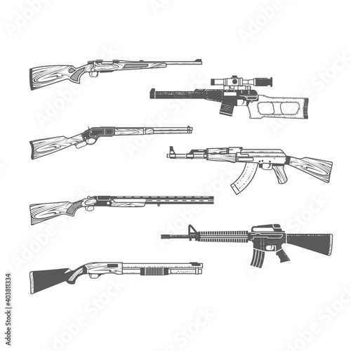 Set of firearms, shotgun, m16 rifle and hunt handgun, guns and weapons in graphic style, vector