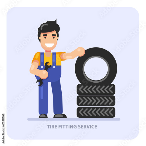 Car tire fitting service concept, man worker and stack of car wheels, tyre change station, vector