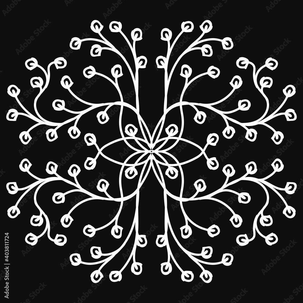 White flower mandala on a black background, ornament, ornate pattern, illustration, vector