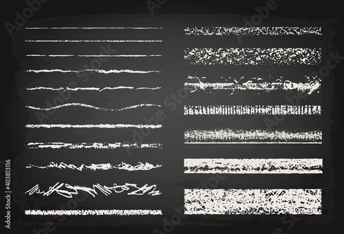 Set of chalk strokes. Hand drawn grunge lines on chalkboard background. Seamless lines can be used as art and pattern brushes. Grainy texture.