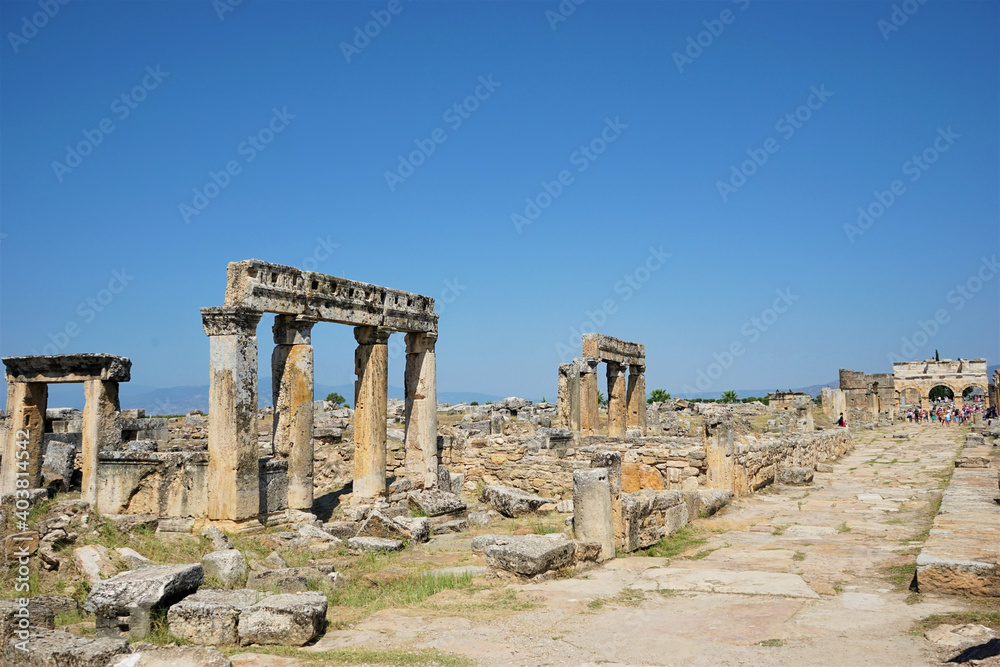 Majestic columns and ancient ruins of the ancient Greece city, Hierapolis, in Denizli, Turkeyrapolis in Denizli, Turkey
