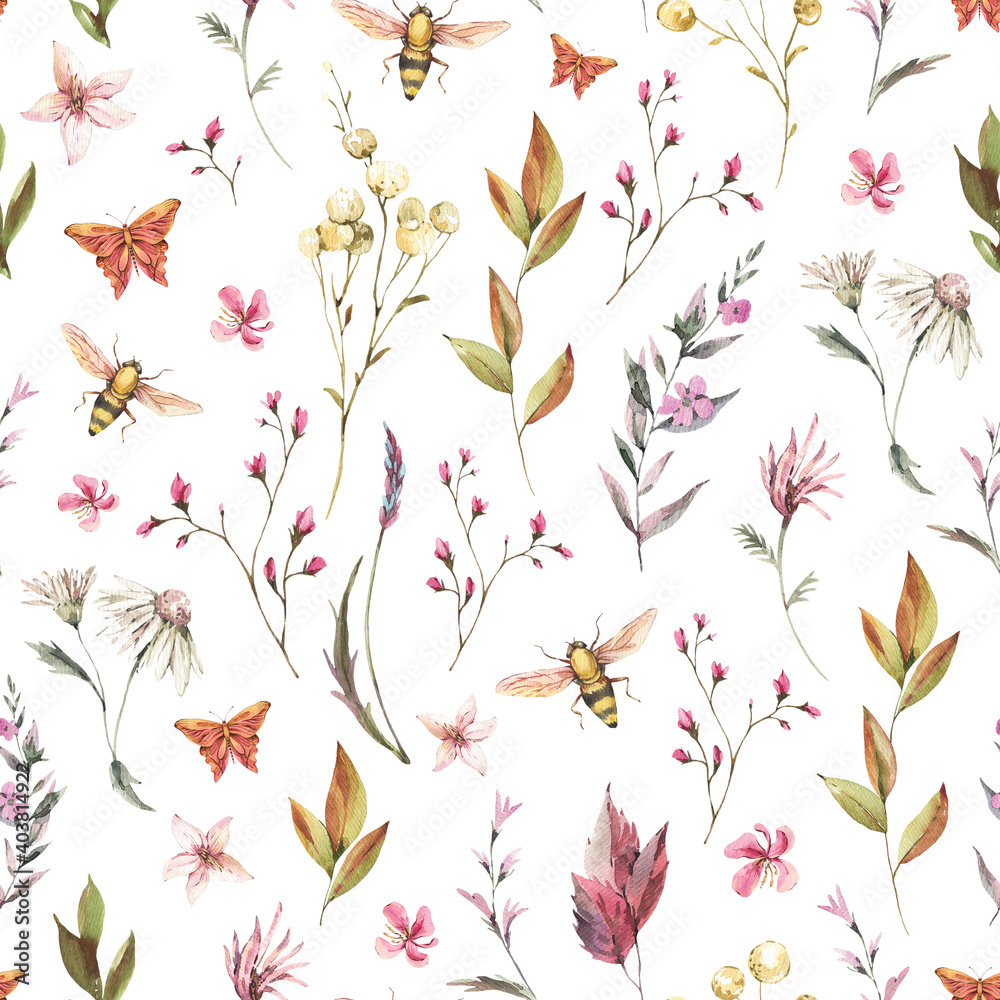 Watercolor vintage floral summer seamless pattern. Natural botanical texture