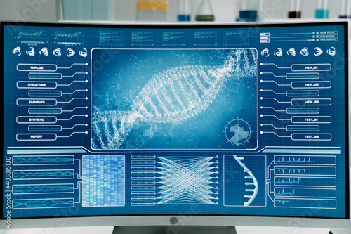 Futuristic laboratory. DNA sequences on screens photo