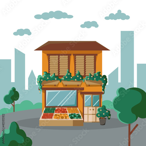 Fototapeta Naklejka Na Ścianę i Meble -  Urban landscape with vegetable shop, greengrocery. Facade store building in flat style. Urban small shop isolated on white background. Vector illustration