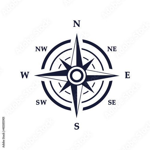 Compass vector icon. Navigation black symbol. Wind rose sign. Travel equipment illustration isolated on white
