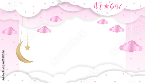 Baby shower card on blue background,Paper art abstract origami cloudscape, crescent moon and stars on pink sky,Cute paper cut with copy space for baby's girl photos