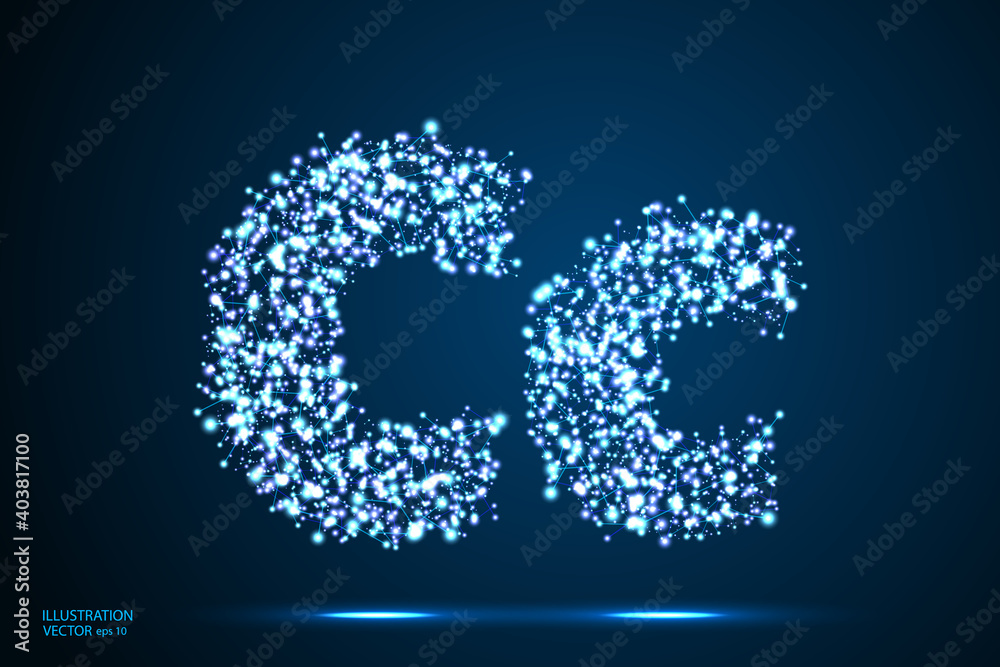 English letters abstract font consists 3d of triangles, lines, dots and connections. On a dark blue background cosmic universe stars, meteorites, galaxies. Vector illustration EPS 10.