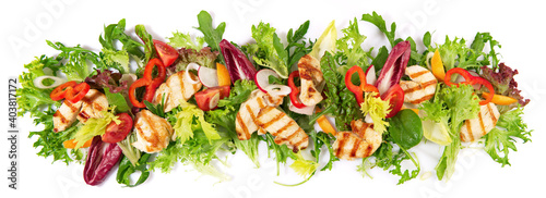 Mixed Salad with Grilled Chicken - Fresh Lettuce Panorama isolated on white Background