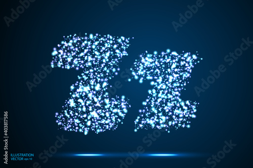 English letters abstract font consists 3d of triangles, lines, dots and connections. On a dark blue background cosmic universe stars, meteorites, galaxies. Vector illustration EPS 10.