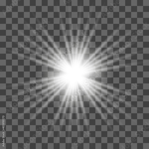 White glowing light flashes with transparent. Vector illustration for decorating cool effect with sequins rays. Bright Star. Transparent background, bright flash. © David