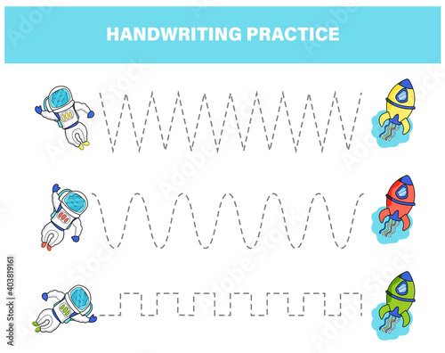 Handwriting practice for preschool children. Tracing lines with colorful astronaut and rocket. Educational kids game. Worksheet for kids