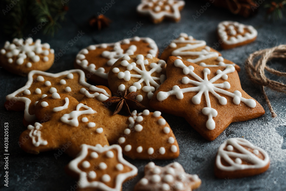 Christmas gingerbread. Delicious gingerbread cookies with honey, ginger and cinnamon. Winter composition. Great for New Year's or Christmas designs