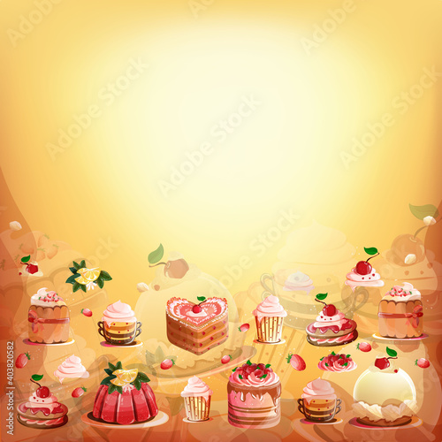 Vector background with bakery pastry desserts, berries, cream and place for text. Lovely sweets and pastries. For cafe layout, menu, packaging design, landing page design.