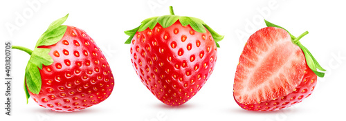 Set of three strawberries with leaves. Two whole and half berries isolated on white background with clipping path.