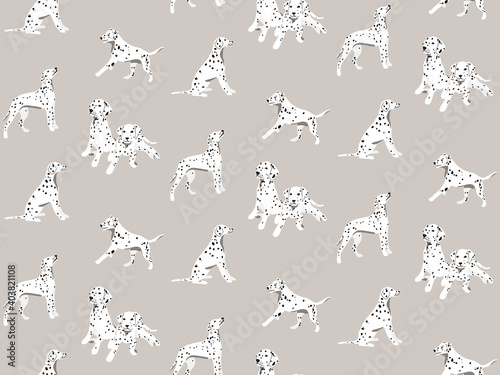 Dalmatian cartoon hand-drawn seamless pattern, spotted white black dogs seamless background. Puppy print
