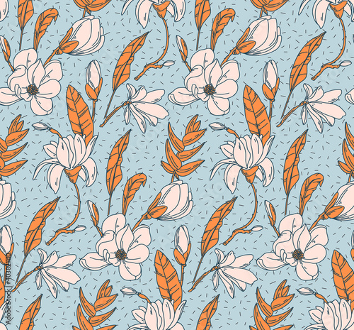 Floral botanical print. White rose Modern seamless design wild garden bloom. Line art repetition print in vector. Herbal nature botany pattern