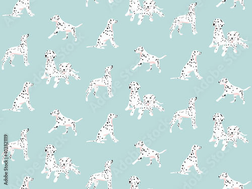 Dalmatian seamless pattern, spotted white black dogs blue seamless nursery print
