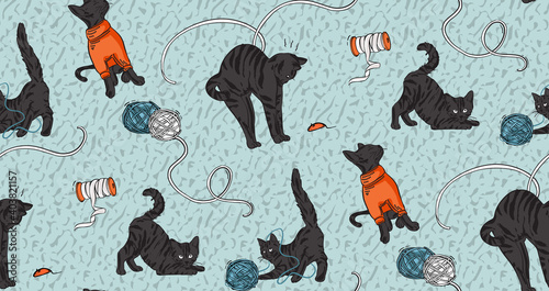Cat funny print, craft stitching, embroidery print. Black Cat playing with yarn at home, catlover background.  Knitting sewing seamless pattern  in vector photo