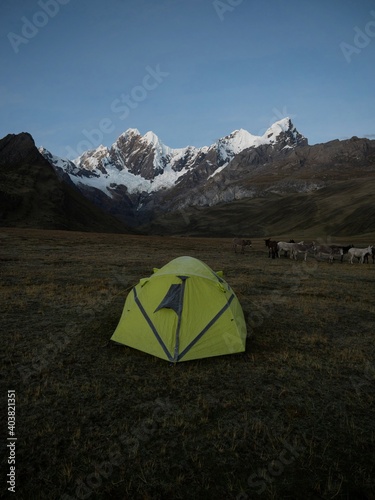 Isolated tent with donkeys mule idyllic mountain camping panorama Cordillera Huayhuash Circuit Ancash Huanuco Peru andes photo