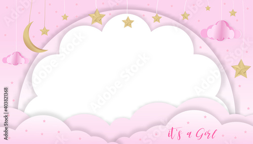 Vector illustration paper art for baby girl shower greeting card with night sky, crescent  moon, clouds and stars hanging on pink background, Cute paper cut with copy space for baby's photos