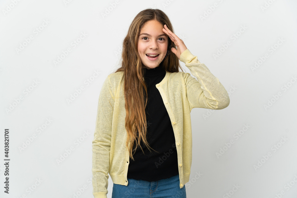 Little girl over isolated white background has realized something and intending the solution Little girl over isolated white background has realized something and intending the solution
