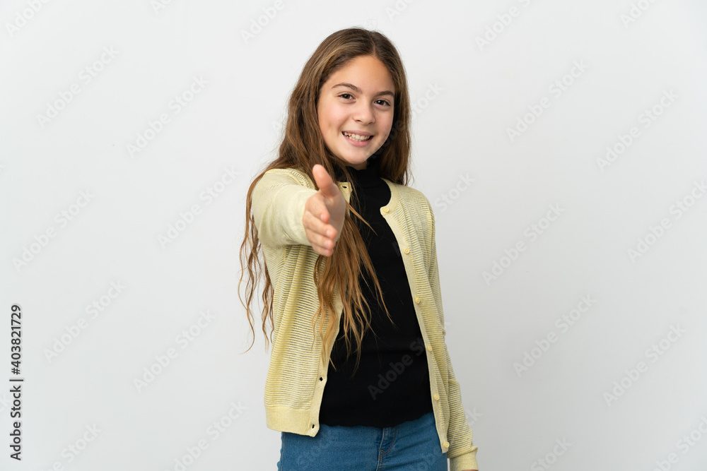 Little girl over isolated white background shaking hands for closing a good deal Little girl over isolated white background shaking hands for closing a good deal