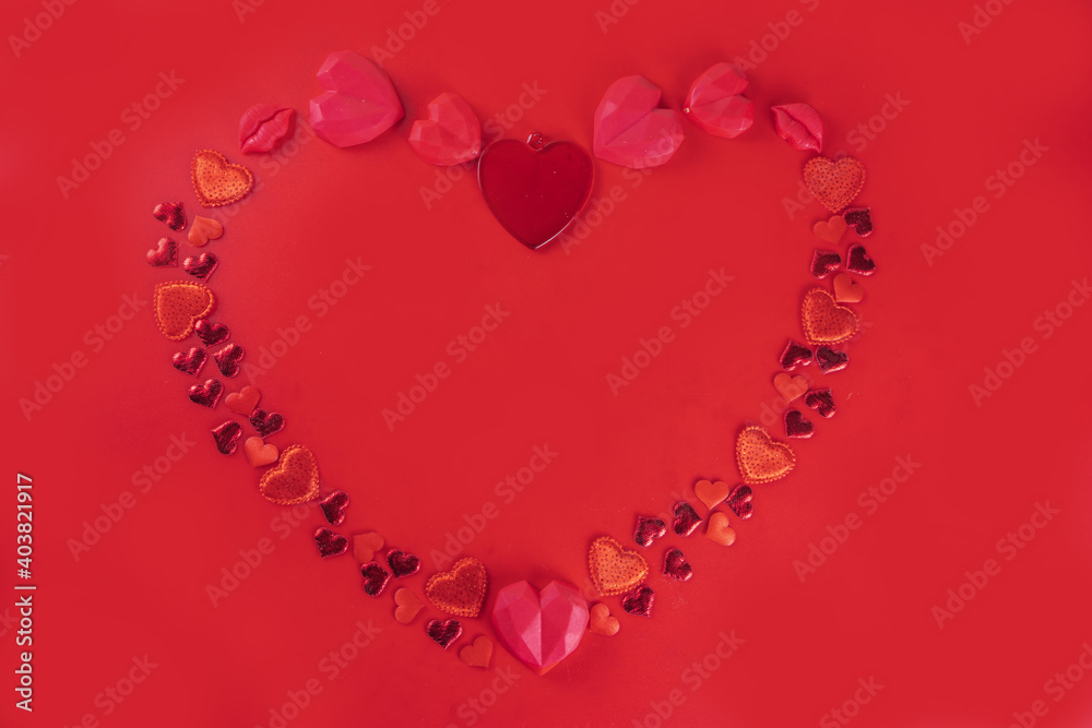 Valentine day, Wedding romantic greeting card background. Red hearts on red background, top view frame