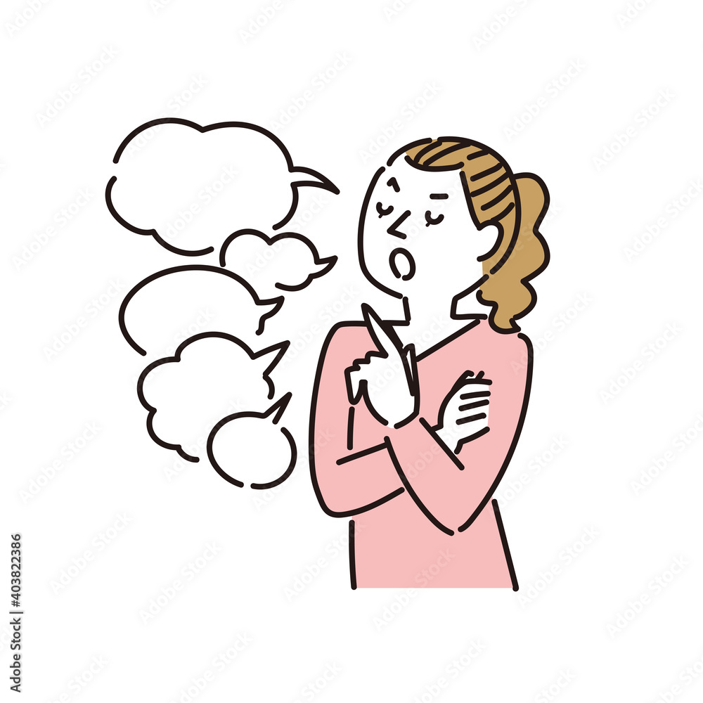 不機嫌な顔でたくさんの事を話す女性 不機嫌な顔でたくさんの事を話す女性