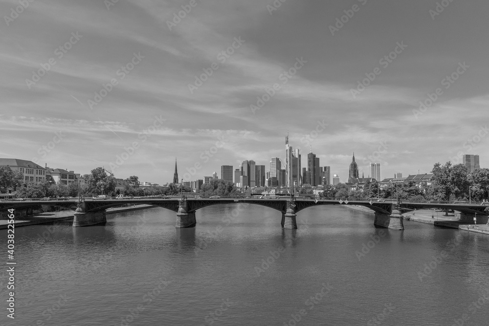 View of the skyline of the city of Frankfurt am Main in black and white, Germany