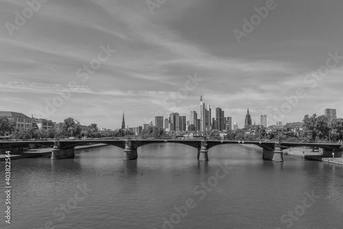 View of the skyline of the city of Frankfurt am Main in black and white, Germany