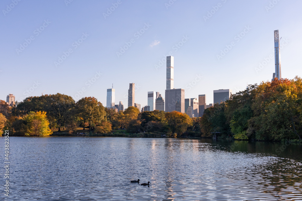 Obraz premium The Lake at Central Park with Colorful Trees during Autumn and the Midtown Manhattan Skyline of New York City